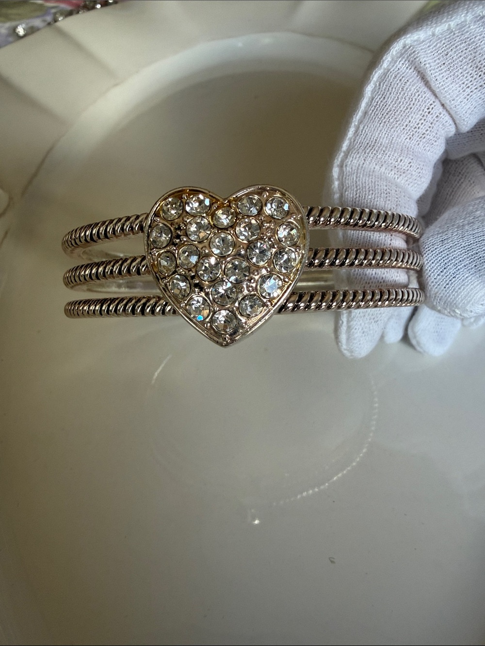 Women’s SILVER Triple-Band Heart Bracelet with Clear Crystals